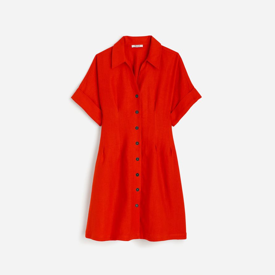 womens madewell pleated mini shirt dress red