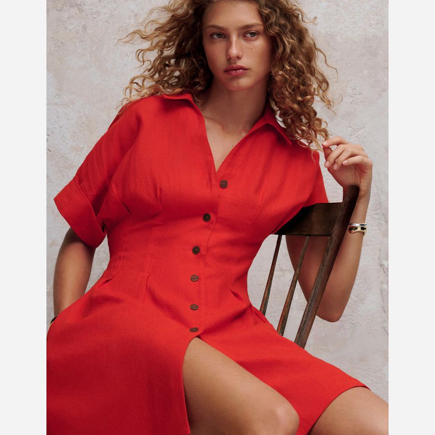 womens madewell pleated mini shirt dress red