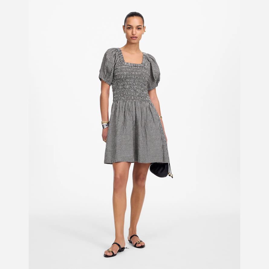 womens madewell smocked u-neck mini dress black white