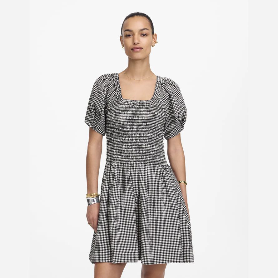 womens madewell smocked u-neck mini dress black white
