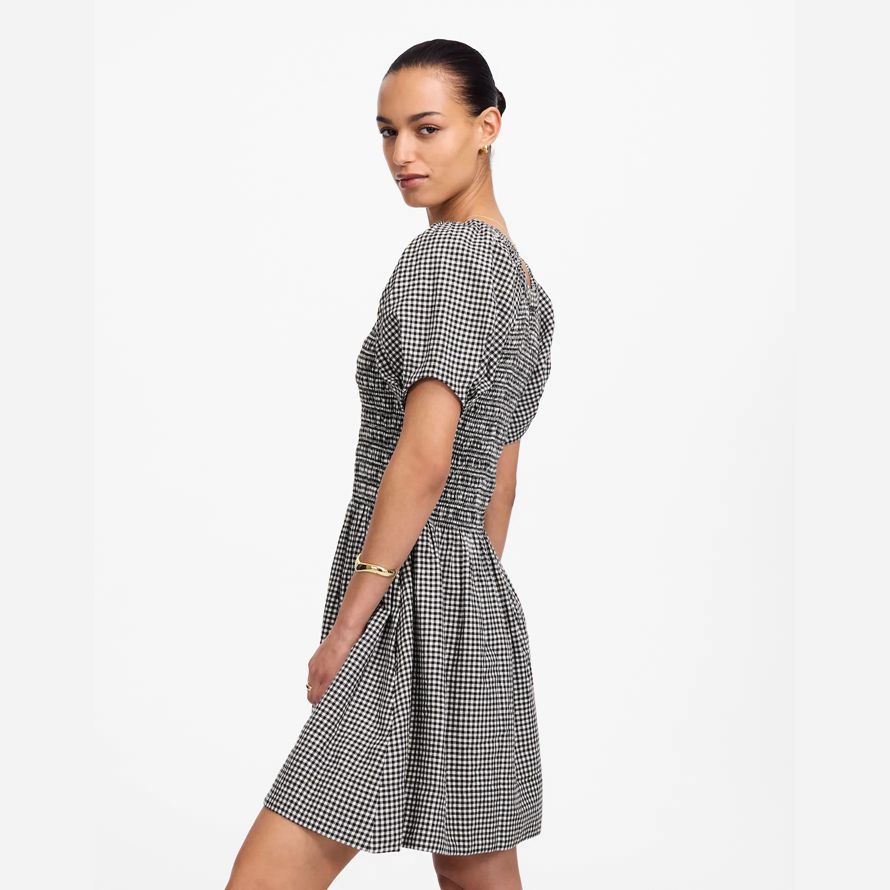 womens madewell smocked u-neck mini dress black white