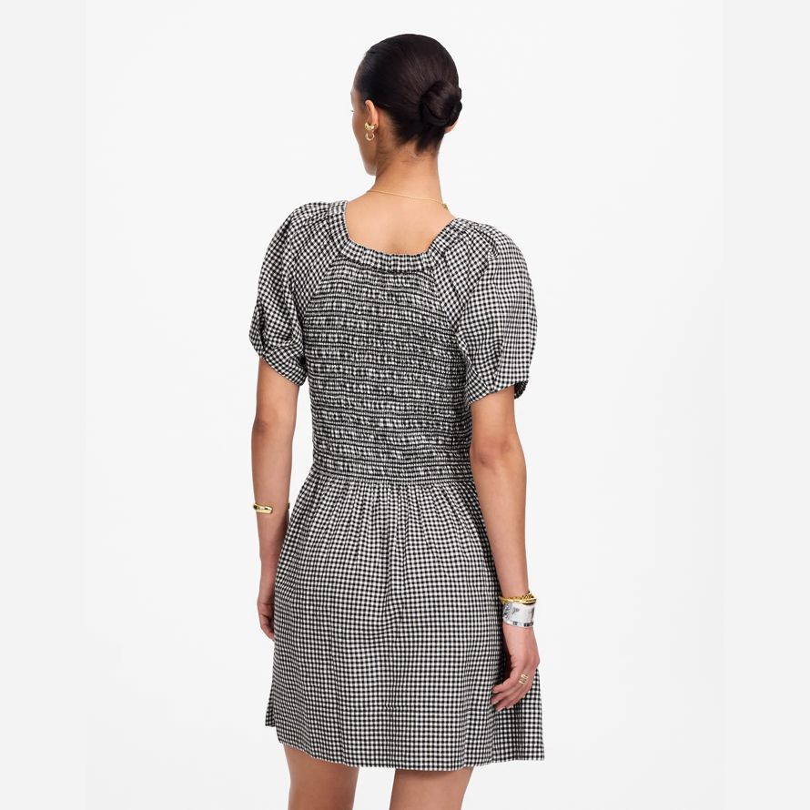 womens madewell smocked u-neck mini dress black white