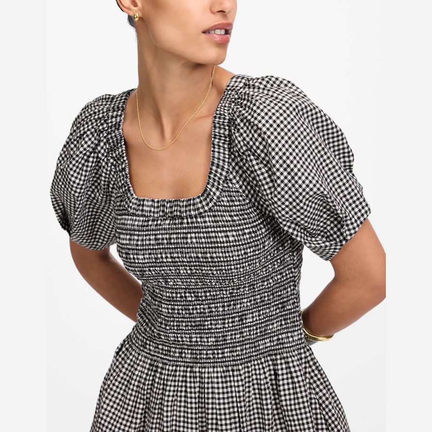 womens madewell smocked u-neck mini dress black white