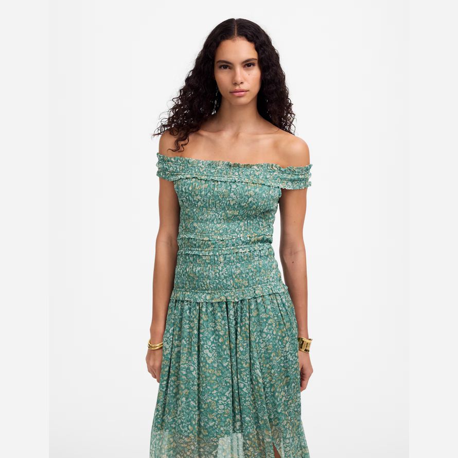 womens madewell smocked off-shoulder dress green