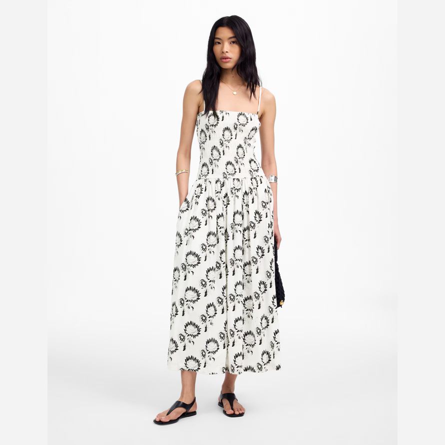 white black womens madewell poplin smocked maxi dress