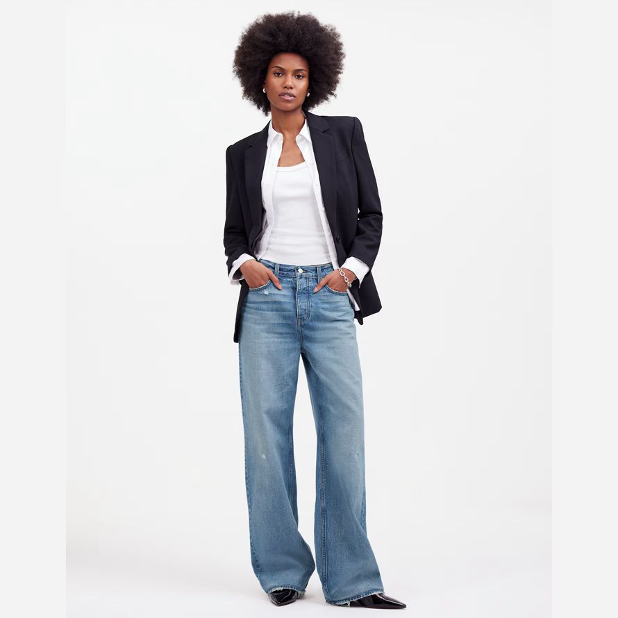 womens madewell low-slung baggy jeans blue