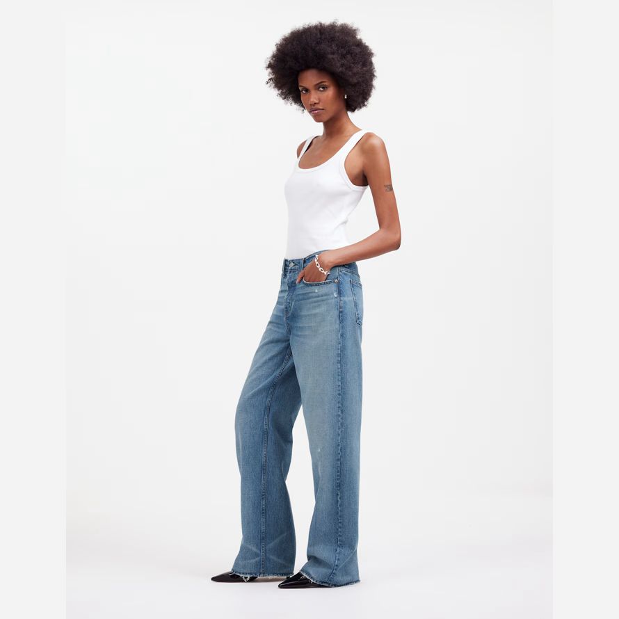 womens madewell low-slung baggy jeans blue
