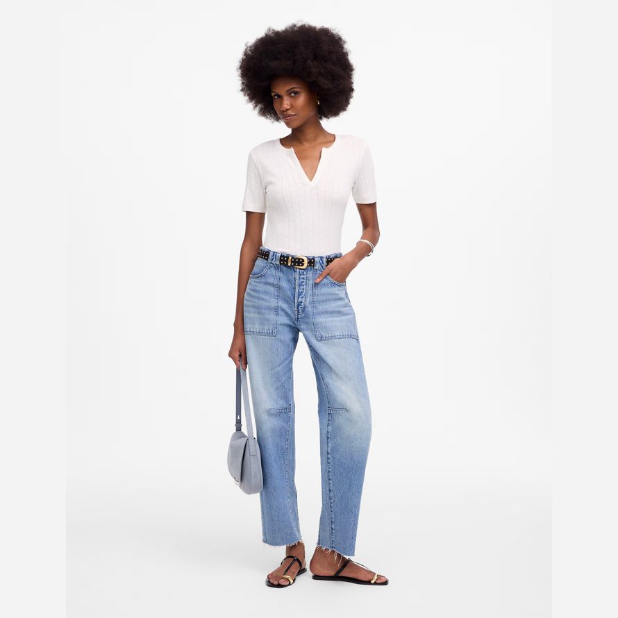 light blue womens madewell the darted barrel-leg jeans