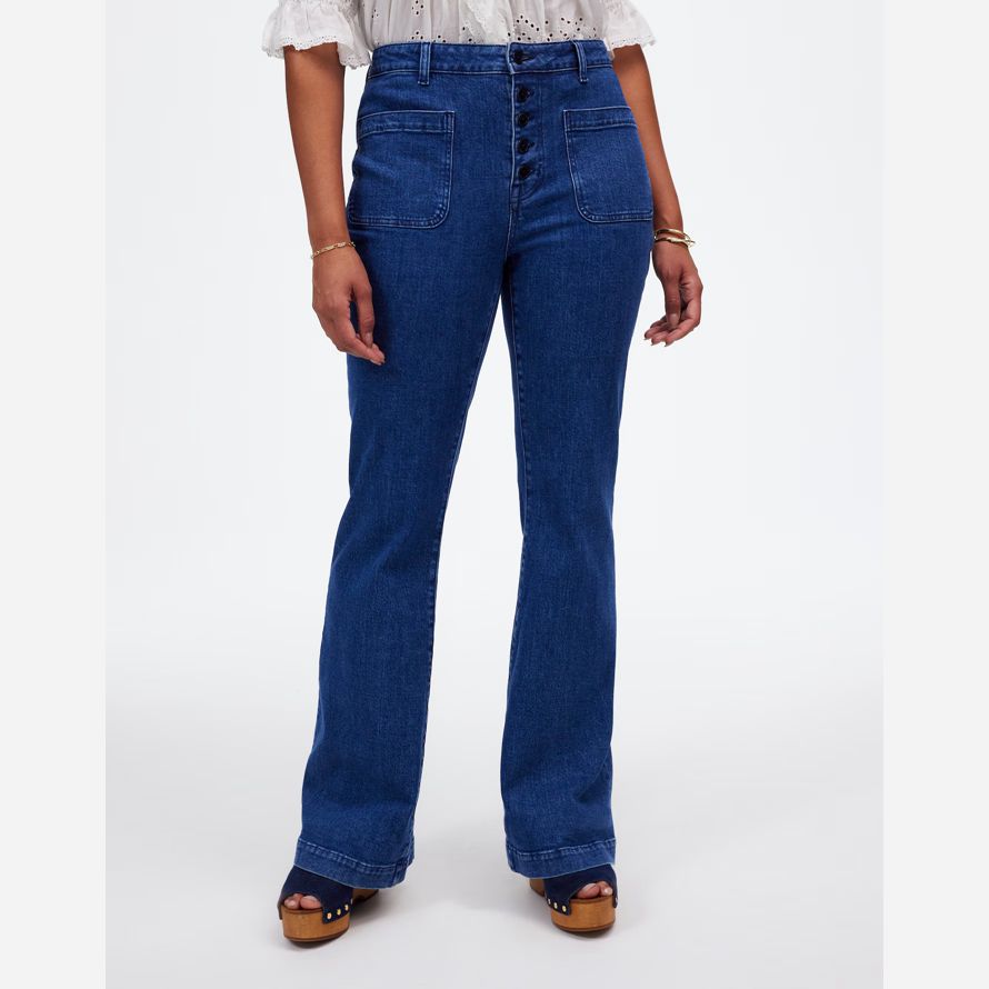 blue womens madewell curvy flea market flare jeans