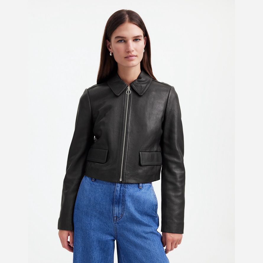 black womens madewell shrunken zip-front leather jacket