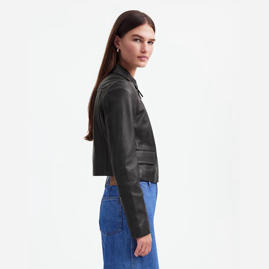 black womens madewell shrunken zip-front leather jacket