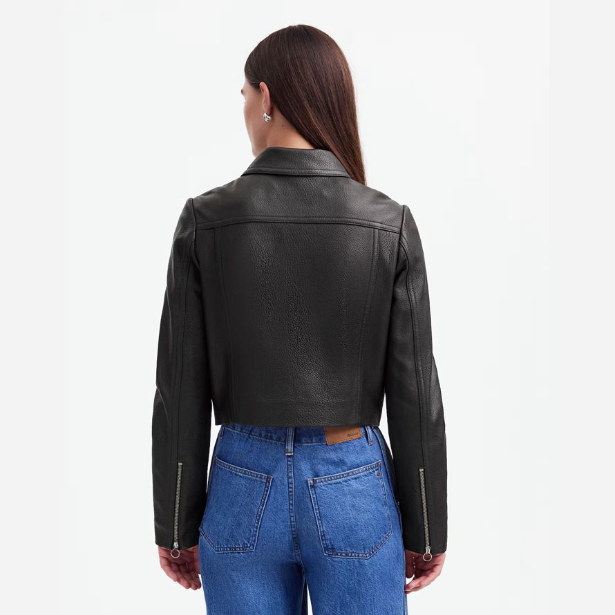 black womens madewell shrunken zip-front leather jacket