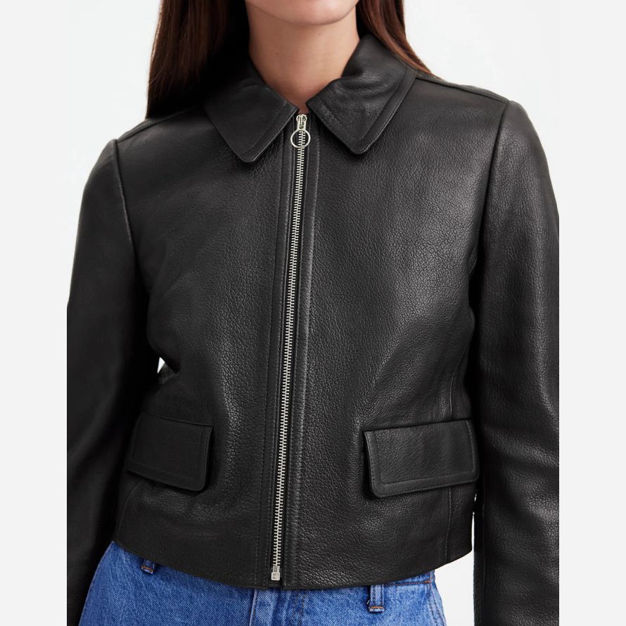 black womens madewell shrunken zip-front leather jacket
