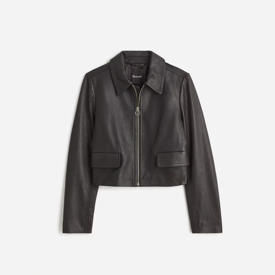 black womens madewell shrunken zip-front leather jacket