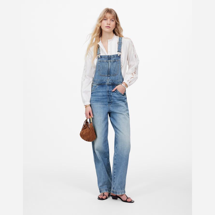 womens madewell denim relaxed carpenter overalls blue