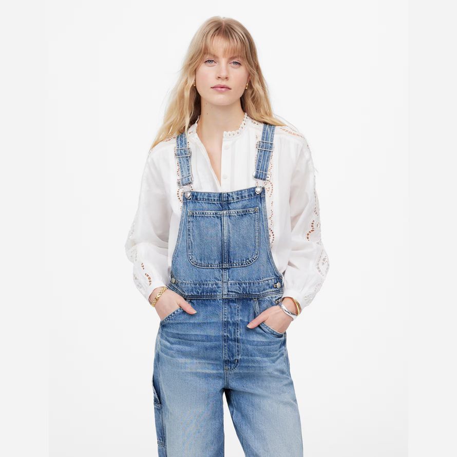 womens madewell denim relaxed carpenter overalls blue