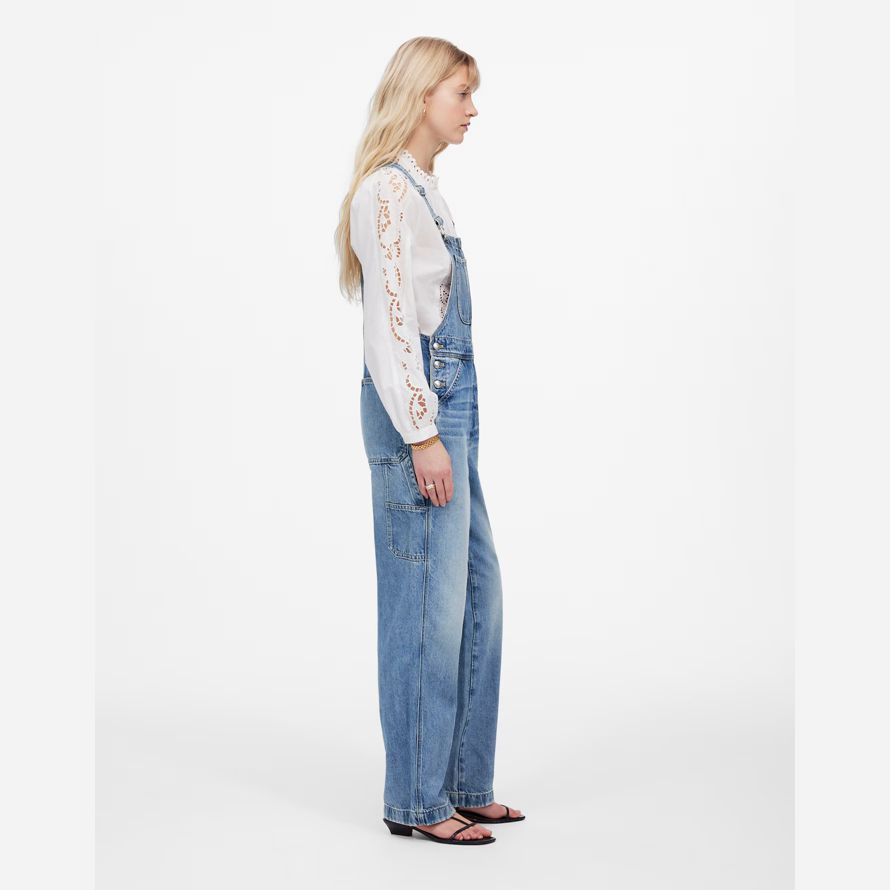 womens madewell denim relaxed carpenter overalls blue