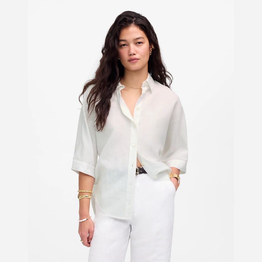 white womens madewell oversized pleated-sleeve button-up shirts