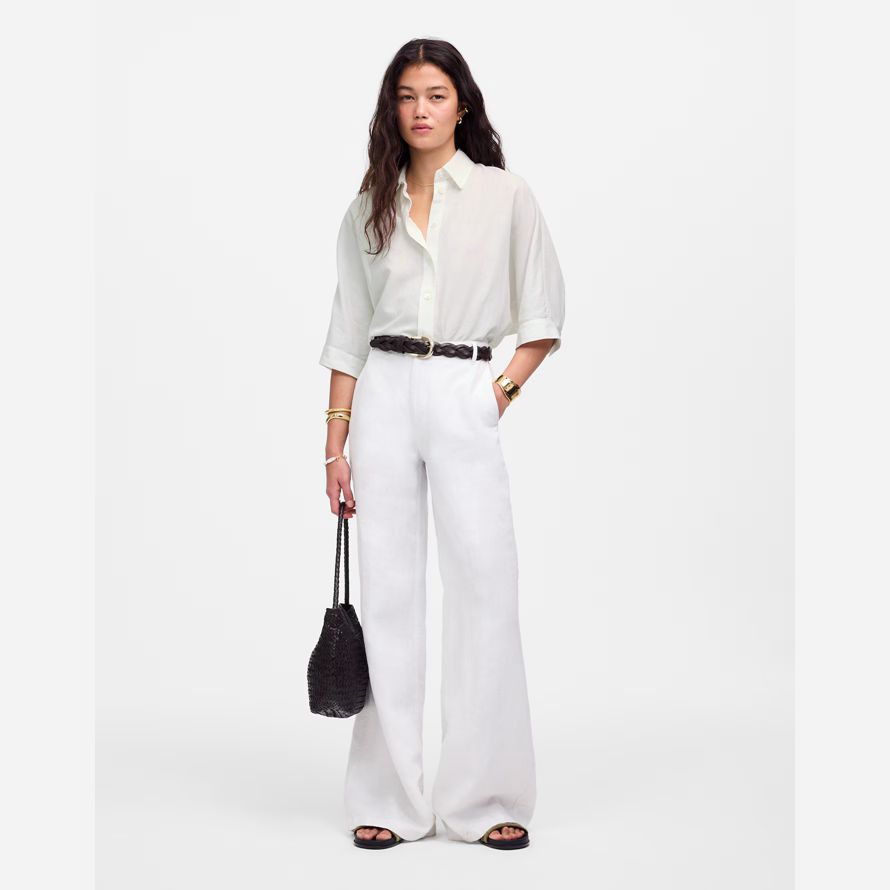white womens madewell oversized pleated-sleeve button-up shirts