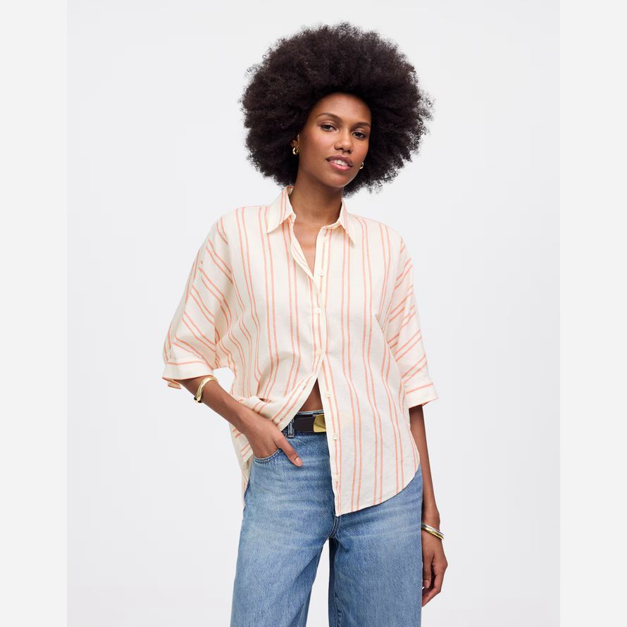 womens madewell oversized pleated-sleeve button-up shirts light beige