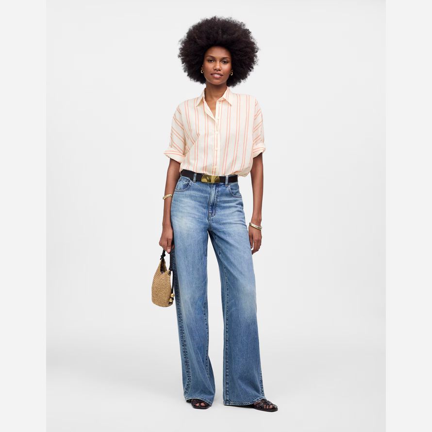womens madewell oversized pleated-sleeve button-up shirts light beige