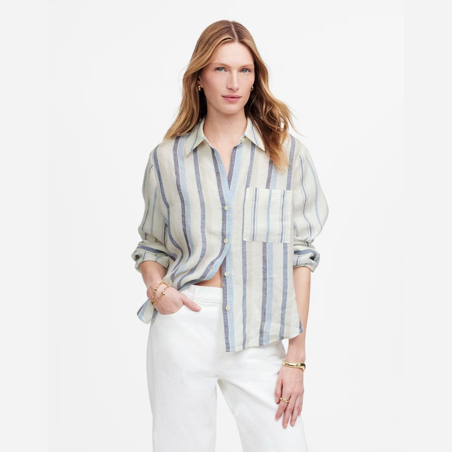 white light blue womens madewell linen easy y-neck button-up shirts
