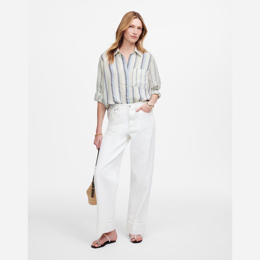 white light blue womens madewell linen easy y-neck button-up shirts