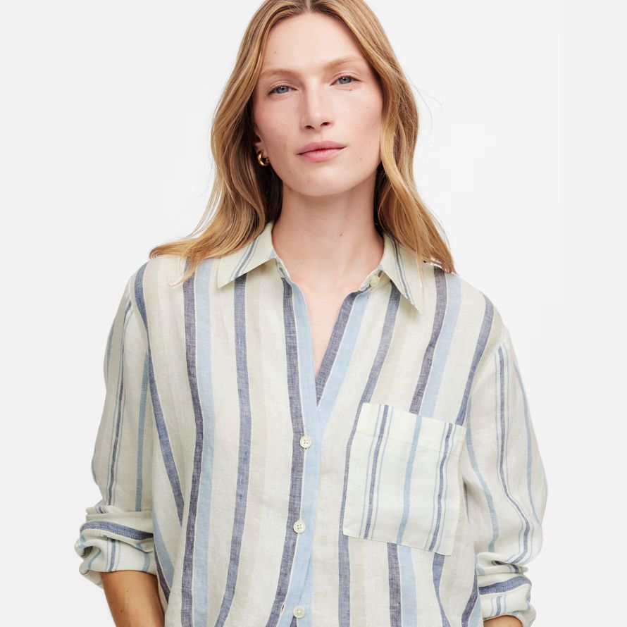 white light blue womens madewell linen easy y-neck button-up shirts