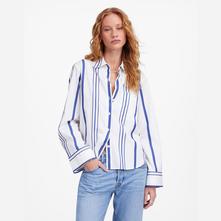 womens madewell poplin easy y-neck button-up shirts white blue