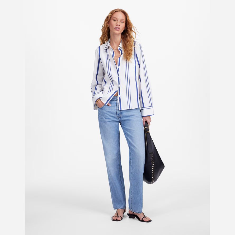 womens madewell poplin easy y-neck button-up shirts white blue