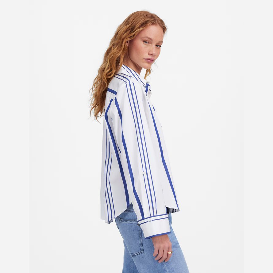womens madewell poplin easy y-neck button-up shirts white blue