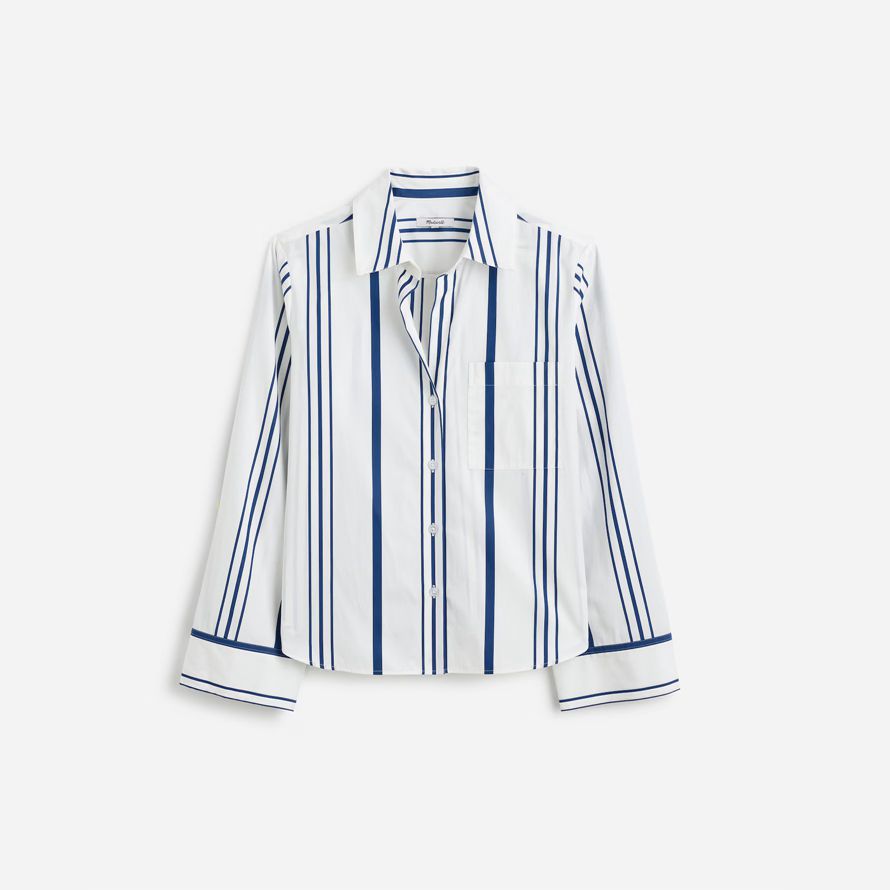 womens madewell poplin easy y-neck button-up shirts white blue