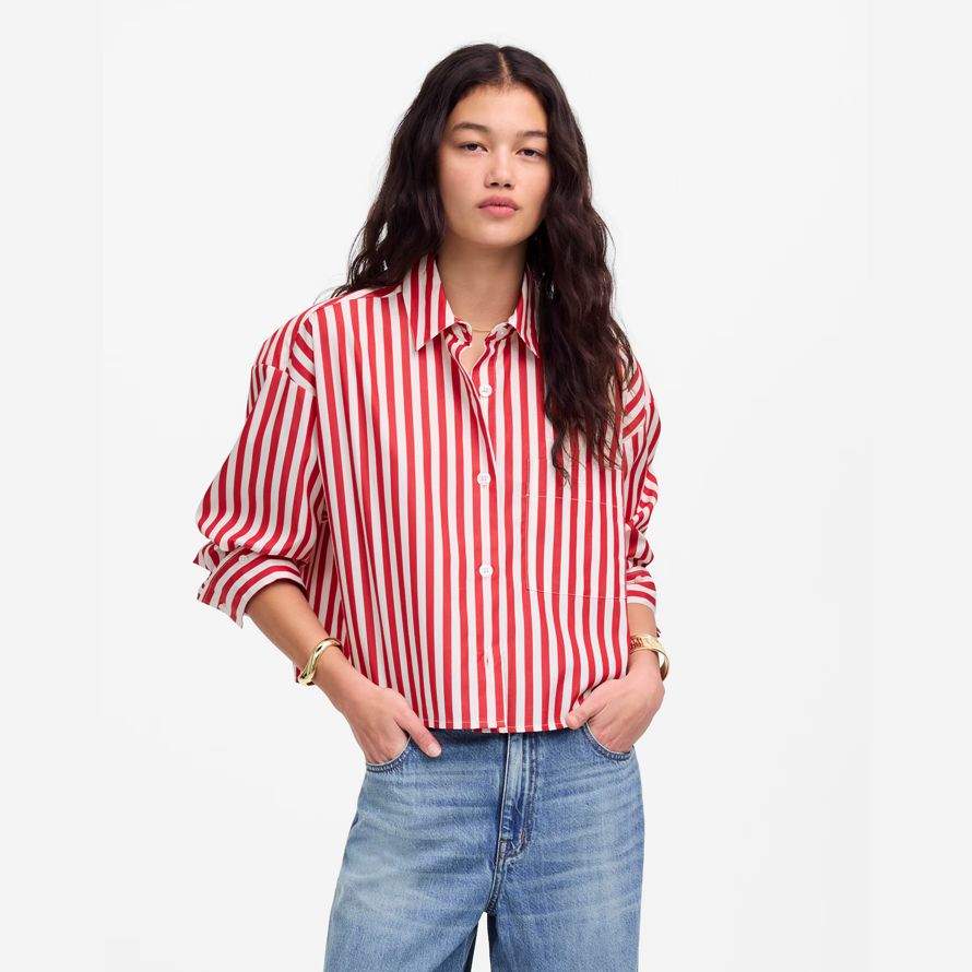 womens madewell straight-hem shirts red white