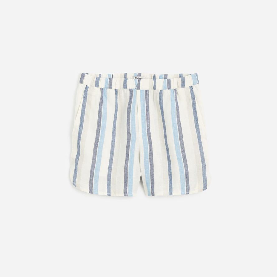 womens madewell curved hem pull-on shorts white blue