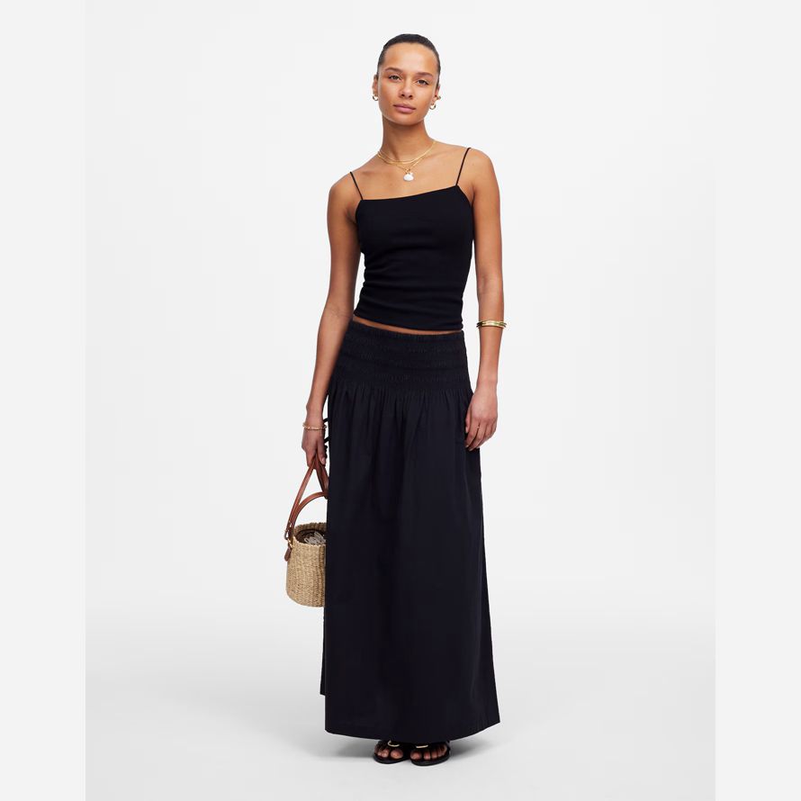 womens madewell smocked-waist poplin midi skirt black