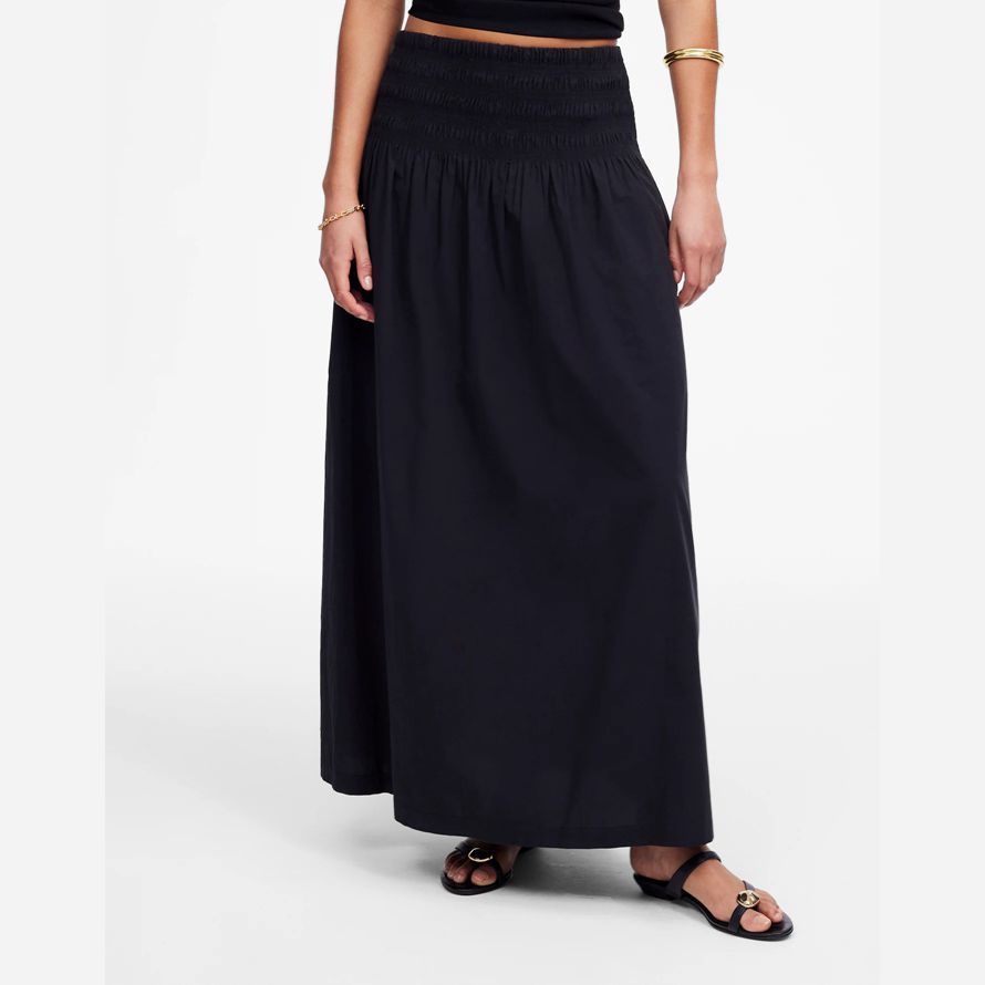 womens madewell smocked-waist poplin midi skirt black