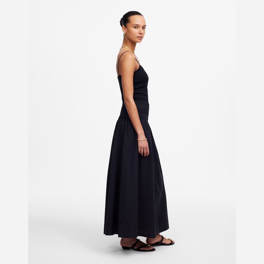 womens madewell smocked-waist poplin midi skirt black