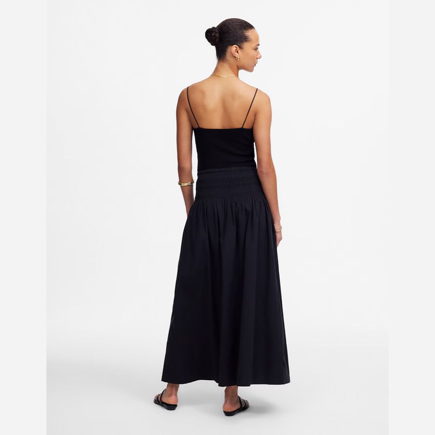 womens madewell smocked-waist poplin midi skirt black