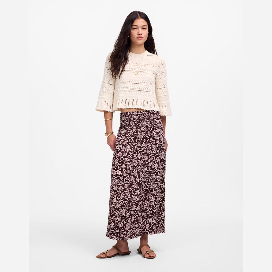 dark red pink madewell smocked-waist midi womens skirt