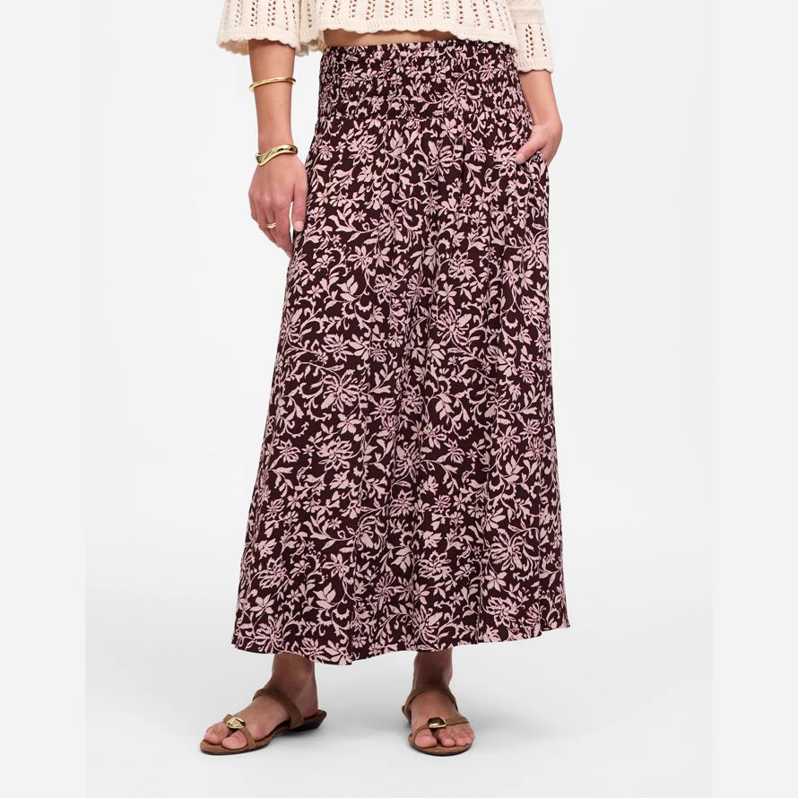 dark red pink madewell smocked-waist midi womens skirt