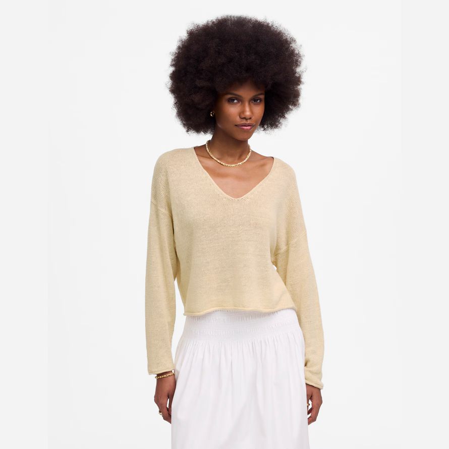 cream womens madewell linen v-neck sweater