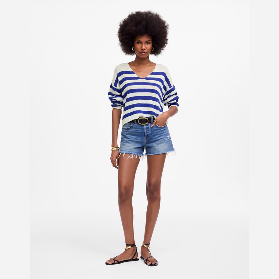 blue white madewell linen v-neck womens sweater