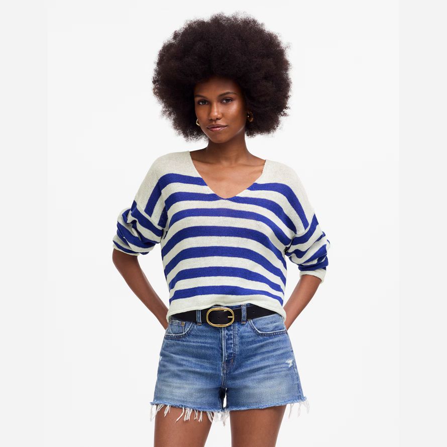 blue white madewell linen v-neck womens sweater