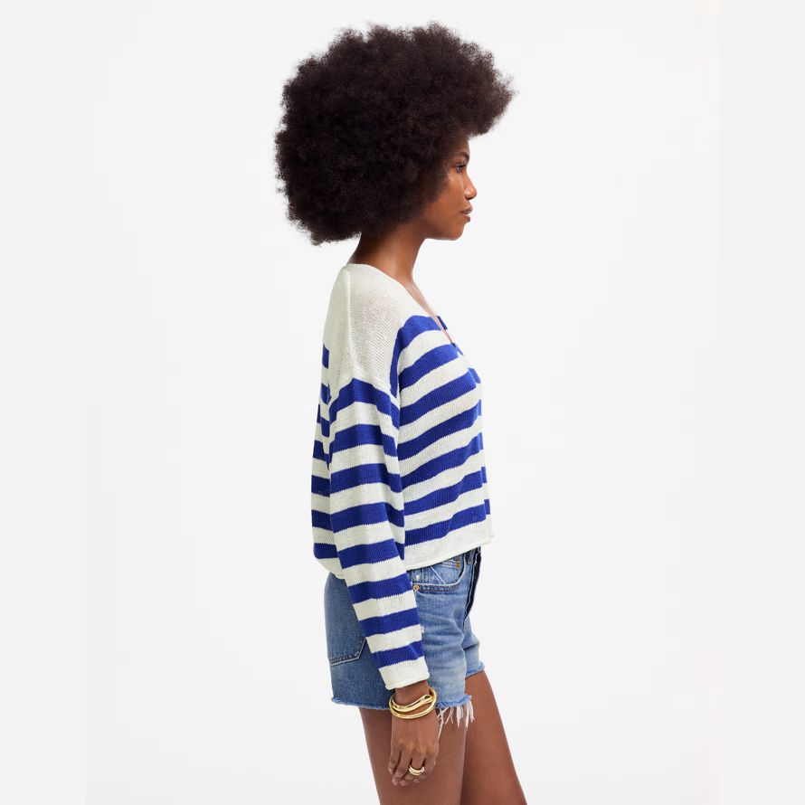 blue white madewell linen v-neck womens sweater
