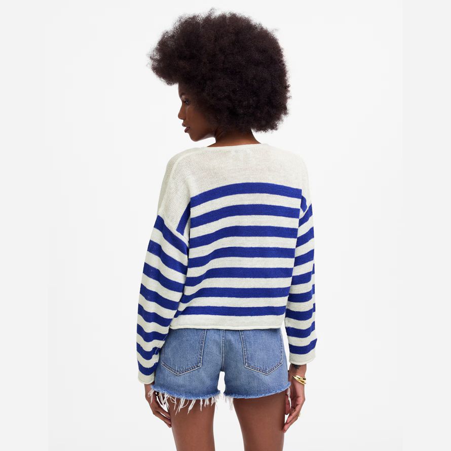 blue white madewell linen v-neck womens sweater