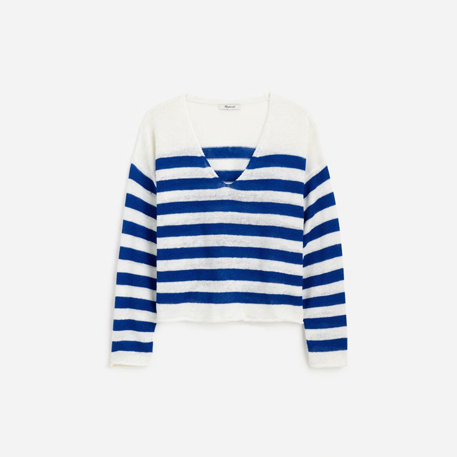 blue white madewell linen v-neck womens sweater