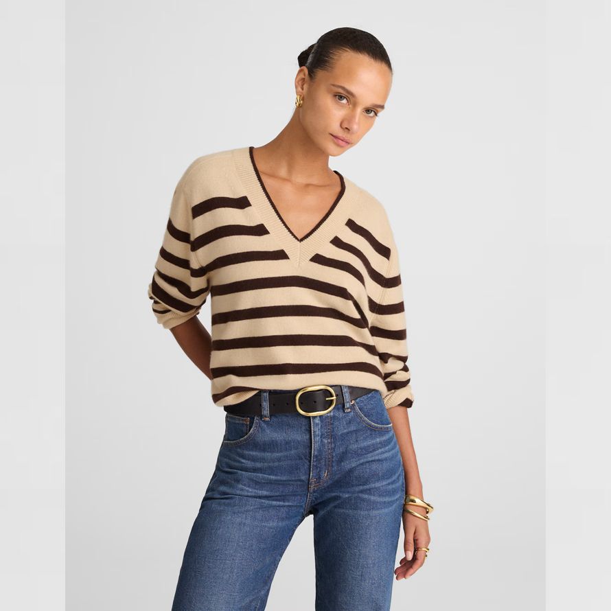 beige dark brown womens madewell cashmere v-neck sweater