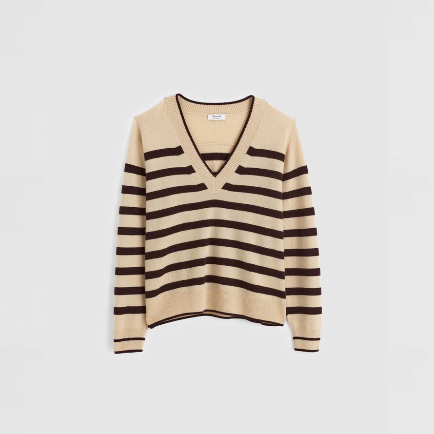 beige dark brown womens madewell cashmere v-neck sweater