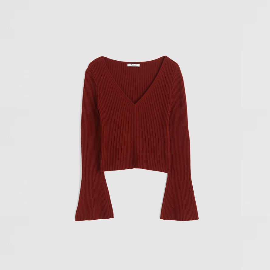 womens madewell ribbed v-neck merino wool sweater red brown