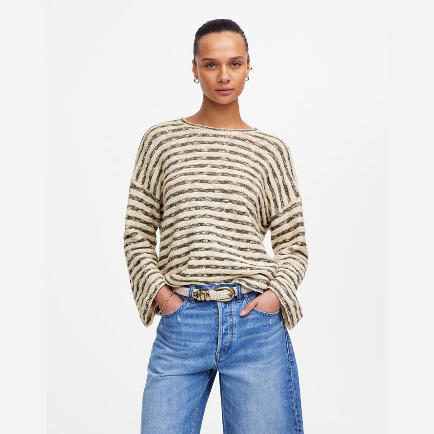 cream dark brown womens madewell crewneck long-sleeve knit t-shirts